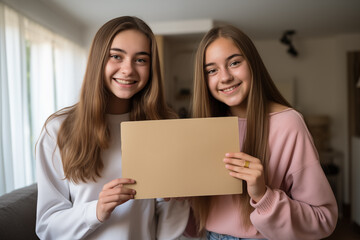 Two teenager girl friends in a house holding an empty placard