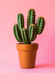 Cute Potted Cactus on Pastel Pink Background: Adorable Botanical Accent