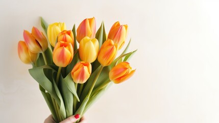 Fototapeta premium Women's hands holding a bouquet of orange or peach tulips for congratulations on Mother's Day, Valentine's Day, women's Day. Blurred background.