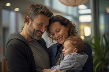 Middle aged couple at indoors with newborn baby