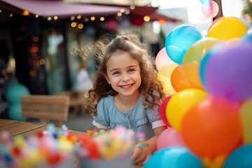 Fototapeta na wymiar Cute little caucasian girl at outdoors in a birthday party