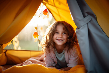 Cute little caucasian girl at outdoors inside a camping tent