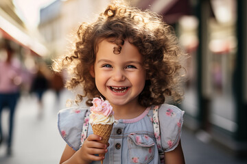 Cute little caucasian girl at outdoors with a cornet ice cream