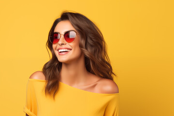 Young pretty brunette girl over isolated colorful background with sunglasses