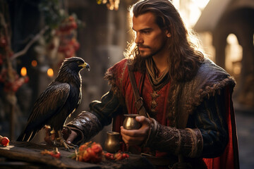 A medieval falconer with a majestic bird of prey on his arm, performing a captivating display of falconry skills, creating a visually striking and regal medieval scene.
