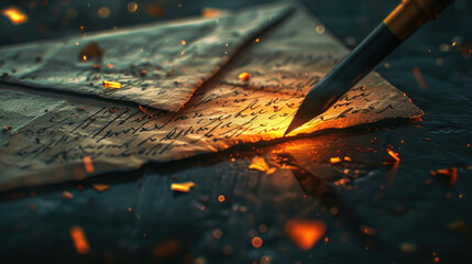 Antique quill pen writing on a vintage letter with sparkling embers.