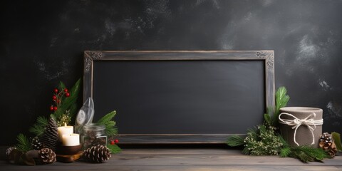 Holiday decor featuring a sled, homemade candles, and a chalkboard for greetings.