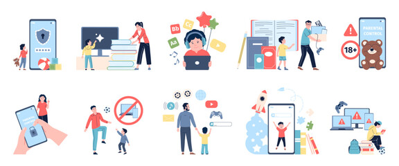 Parent digital control. Gadget free and low tech parenting and education. Kids internet content, limit screen time flat recent vector scenes