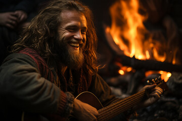 Obraz premium A medieval storyteller weaving tales of adventure and romance around a flickering campfire, his animated expressions enhancing the immersive and captivating medieval narrative.