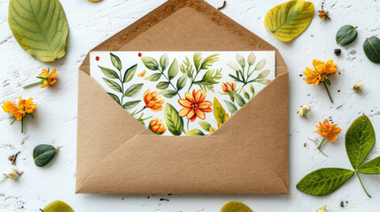 Top view of a floral greeting card in an envelope with a nature-inspired 