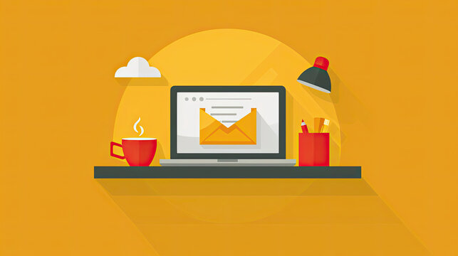 A cozy digital workspace setup with email icon on a warm orange background.