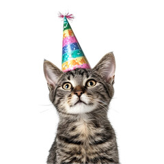 Tabby Cat with Colorful Party Hat on Transparent Background
