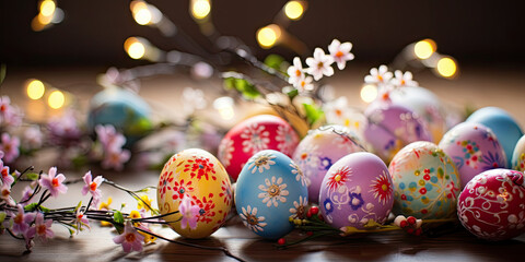 Fototapeta premium Easter celebration: Colorful eggs on a rustic table, embodying tradition and spring's vibrant beauty.