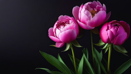 Fototapeta premium Buds of pink peonies on a black background.