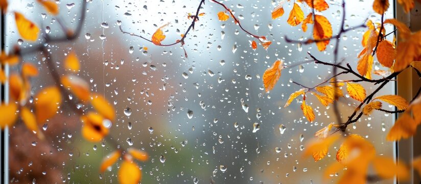 Raindrops fall outside a window framed by yellowing elm branches.