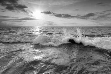 Ocean Sunset Sea Wave Water Splashing Sun Ray Surf Sunlight Black And White Image
