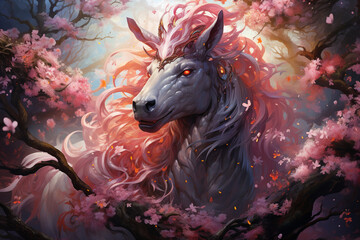 A mythical and magical portrayal of the Kirin, a creature from East Asian folklore, surrounded by cherry blossoms and mystical energy, radiating grace and purity.
