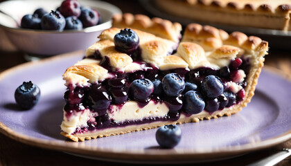 A close-up shot of a luscious blueberry cheese pie,showcasing the glistening purple-blue berries against the creamy cheese filling, with a warm, soft natural light creating a mouthwatering