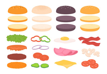 Burger ingredients. Burgers buns, cheese, vegetables and meat cutlet. Tasty sandwiches fresh sliced food. Sauces and bacon, racy vector clipart