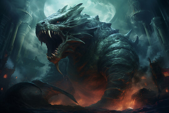 The powerful and regal Leviathan, a sea serpent of biblical proportions, depicted in a captivating underwater scene filled with swirling currents and ancient underwater ruins.