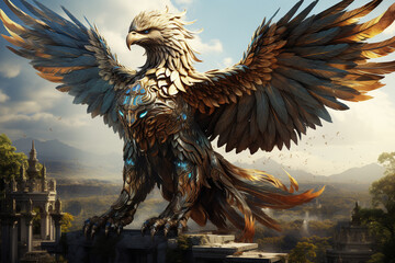 A visually elaborate and fantastical portrayal of the Griffin, a mythical creature blending eagle and lion features, set against a background of ancient ruins. - obrazy, fototapety, plakaty