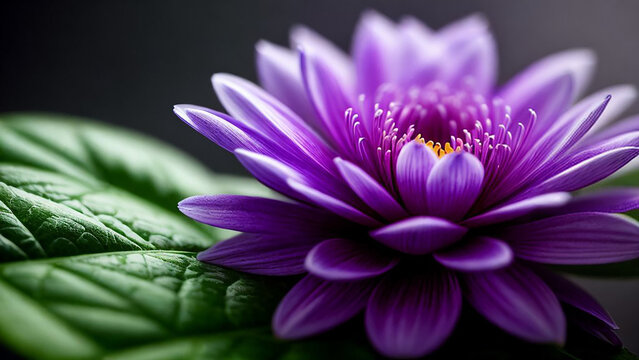 Purple flower with green leaf.