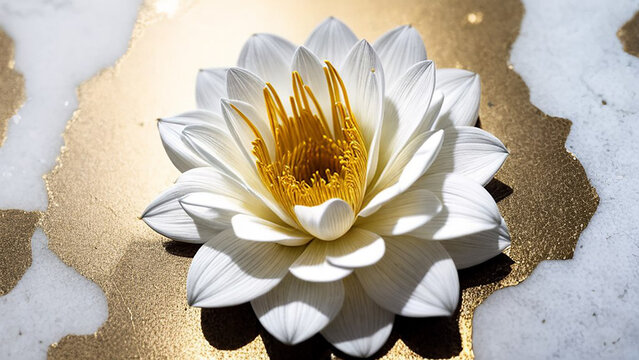 White flower on a marble-gold background.