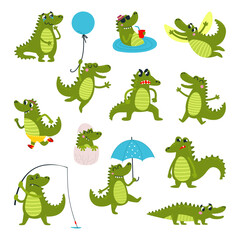 Crocodile funny character. Cartoon crocodiles in different situations and poses. Childish animal, cute alligator for stickers, classy vector set