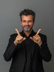 Digital illustration representing a confident man, a charismatic business consultant or personal development coach, or a smiling deaf man signing in sign language to tell how long a thing is.