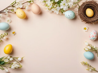 Naklejka na ściany i meble Easter concept, top view Easter background with Easter eggs in a nest and some flowers on beige background, copy space, Generative ai
