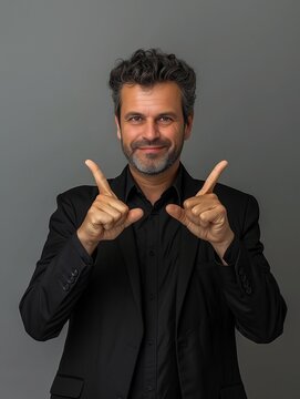 Digital illustration representing a confident man, a charismatic business consultant or personal development coach, or a smiling deaf man signing in sign language to tell how long a thing is.