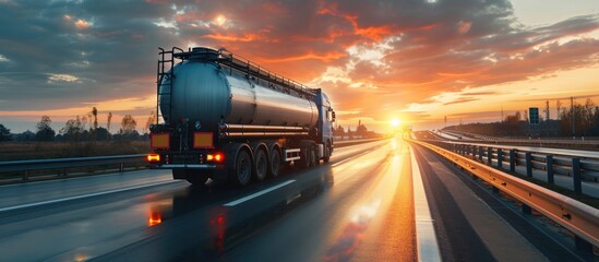 Fuel truck transporting fuel to oil refinery on highway. - obrazy, fototapety, plakaty
