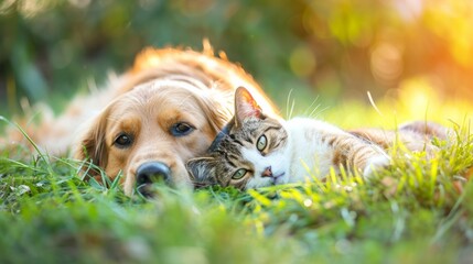 Cute dog and cat lying together on a green grass field nature in a spring sunny background