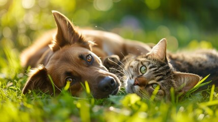 Cute dog and cat lying together on a green grass field nature in a spring sunny background