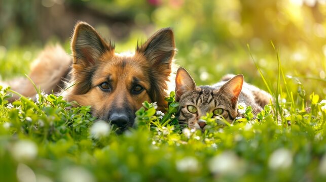 Cute dog and cat lying together on a green grass field nature in a spring sunny background