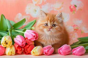 Birthday card featuring a cute ginger Persian kitten holding a bouquet of vibrant tulips on a pastel peach background.