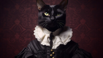 Realistic lifelike Bombay cat kitten in renaissance regal medieval noble royal outfits, commercial, editorial advertisement, surreal surrealism. 18th-century historical