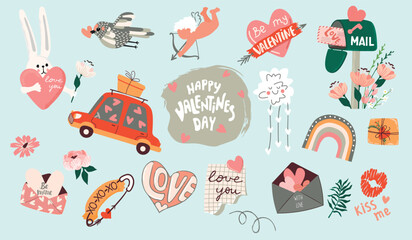 Valentine's Day cartoon collection with cute romantic elements.Bird,rainbow,Cupid, arrow,envelope with heart,mailbox,cloud,car,bunny,lips,flower,gift and hand lettering.Vector isolated illustration. - obrazy, fototapety, plakaty