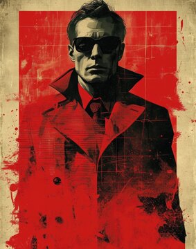 Stylized spy character with red and black textured backdrop