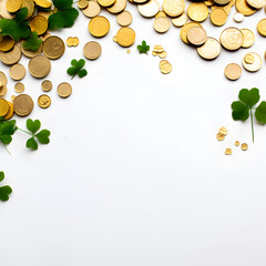 White background copyspace with Saint Patrick's Day Leprechaun gold coins and Shamrock clovers around the border 