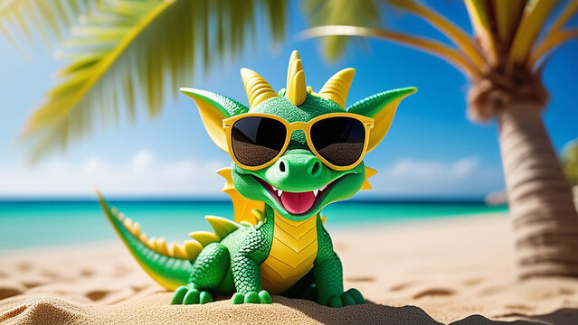 Happy green dragon resting on the beach under the palm trees.