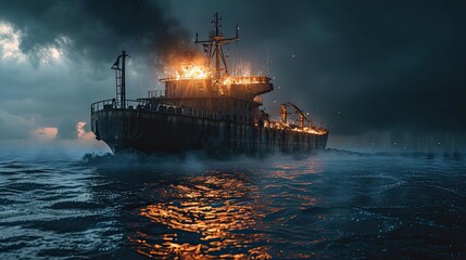 A large cargo ship is burning at sea. A fire on the ship. Space for text. - obrazy, fototapety, plakaty