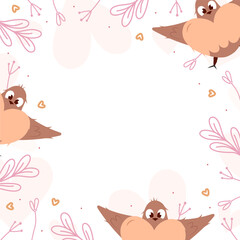 Valentine social media post with birds, hearts and leaves. Banner with copy space. Peach fuzz, pink, brown colors. Isolated on white. Vector illustration. Web design. Cute cartoon style.