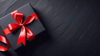 Black gift with a red ribbon on a raised texture background.
