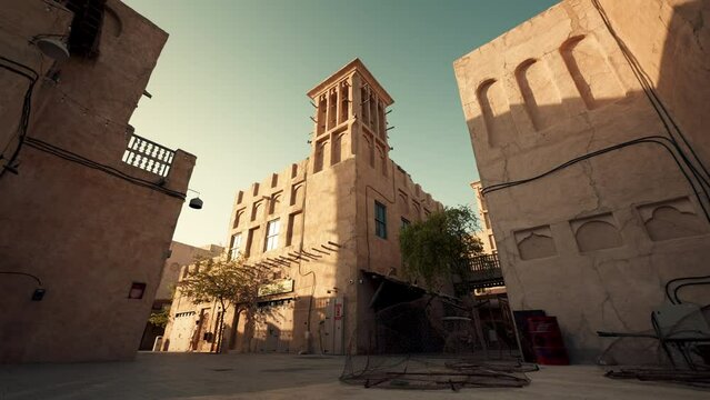 Historic buildings in Old city of Deira Dubai United Arab Emirates, wide angle shot during sunrise