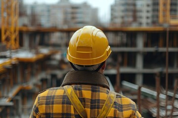 Back view of a construction worker wearing a yellow helmet on a construction site