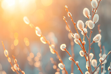 Close-up of pussy willow branches in neutral colors, set against a golden hour Easter...