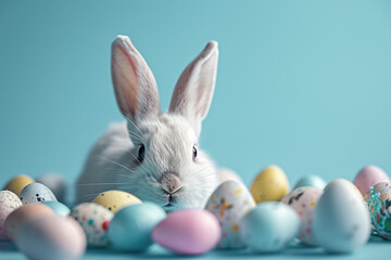 Adorable white bunny looking through the hole in the blue baclkroung. Easter add. copy space. High quality photo