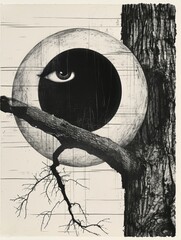 Abstract drawing of eye within a circle, intertwined with tree