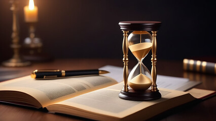 Hourglass with a book on the desktop.